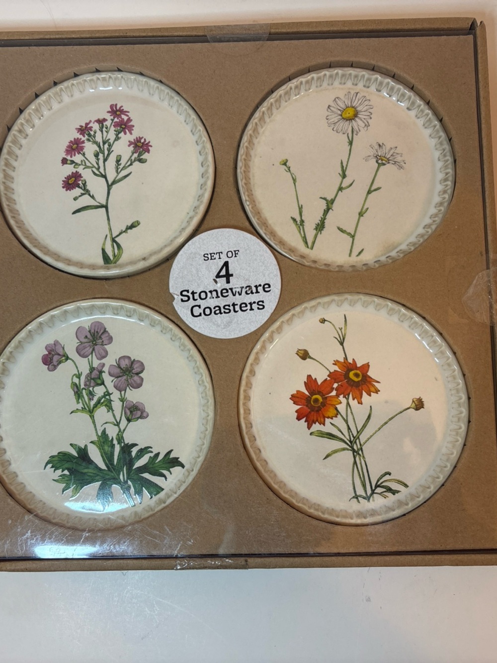 Thirstystone Brown Coaster Set Stoneware FLORAL Like New In Box
